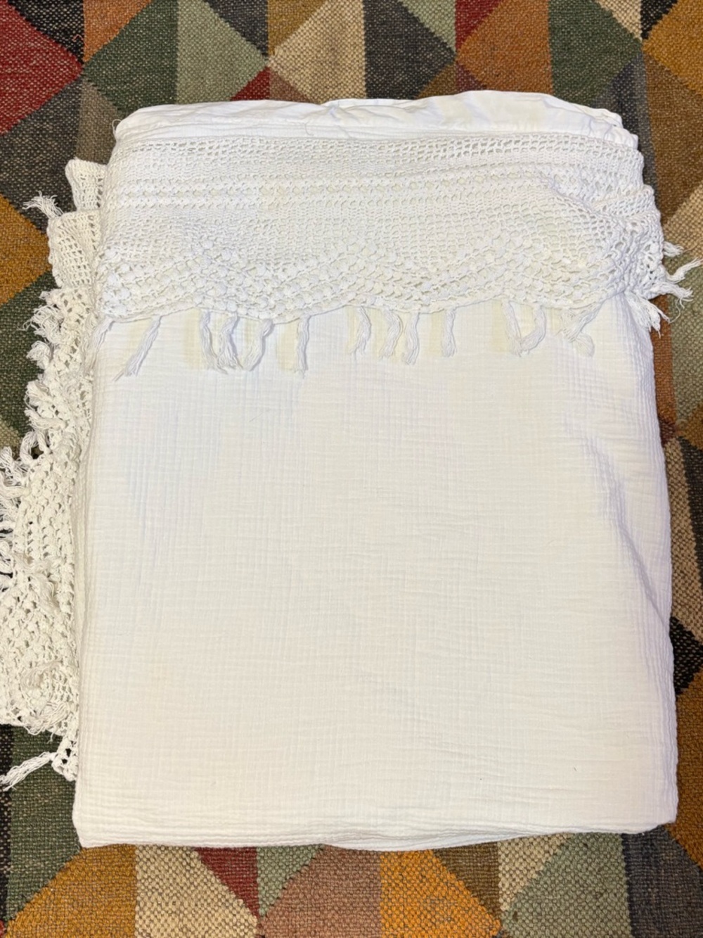 Anthropologie White Cotton Tassel Crochet Fringe Gauze Duvet Cover Twin Size Bed